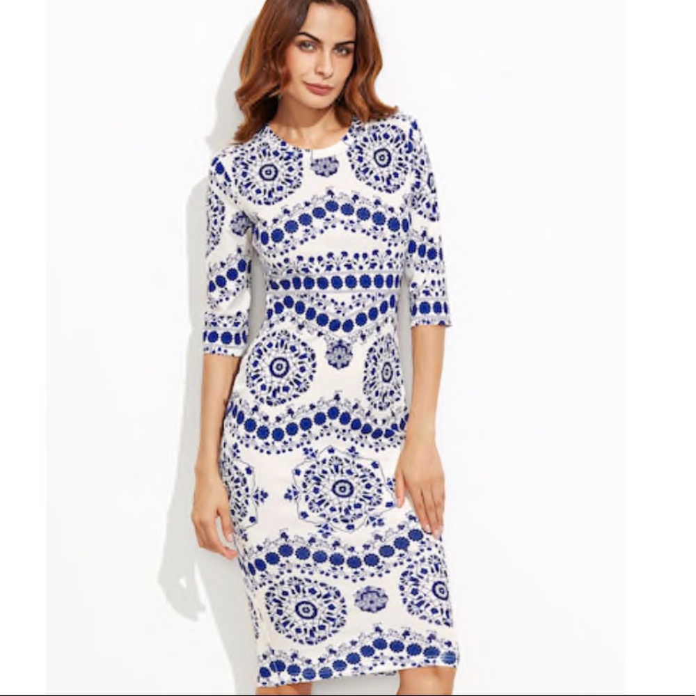 Blue and white bodycon dress